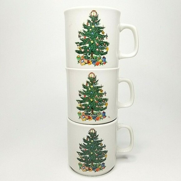 Lot of (3) Vintage Badcock Christmas Tree Mugs Ceramic Tea Hot Cocoa Cups - Picture 2 of 7
